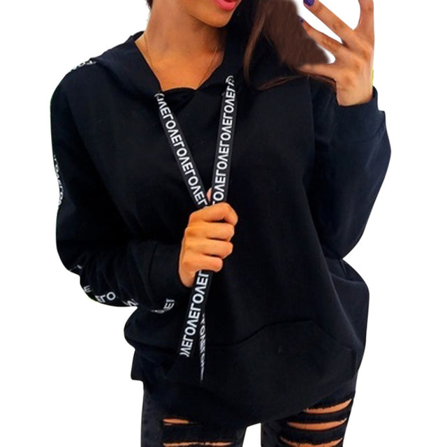 Sudadera Oversize con Capucha y Cinta con Letras para Mujer - Talla Grande